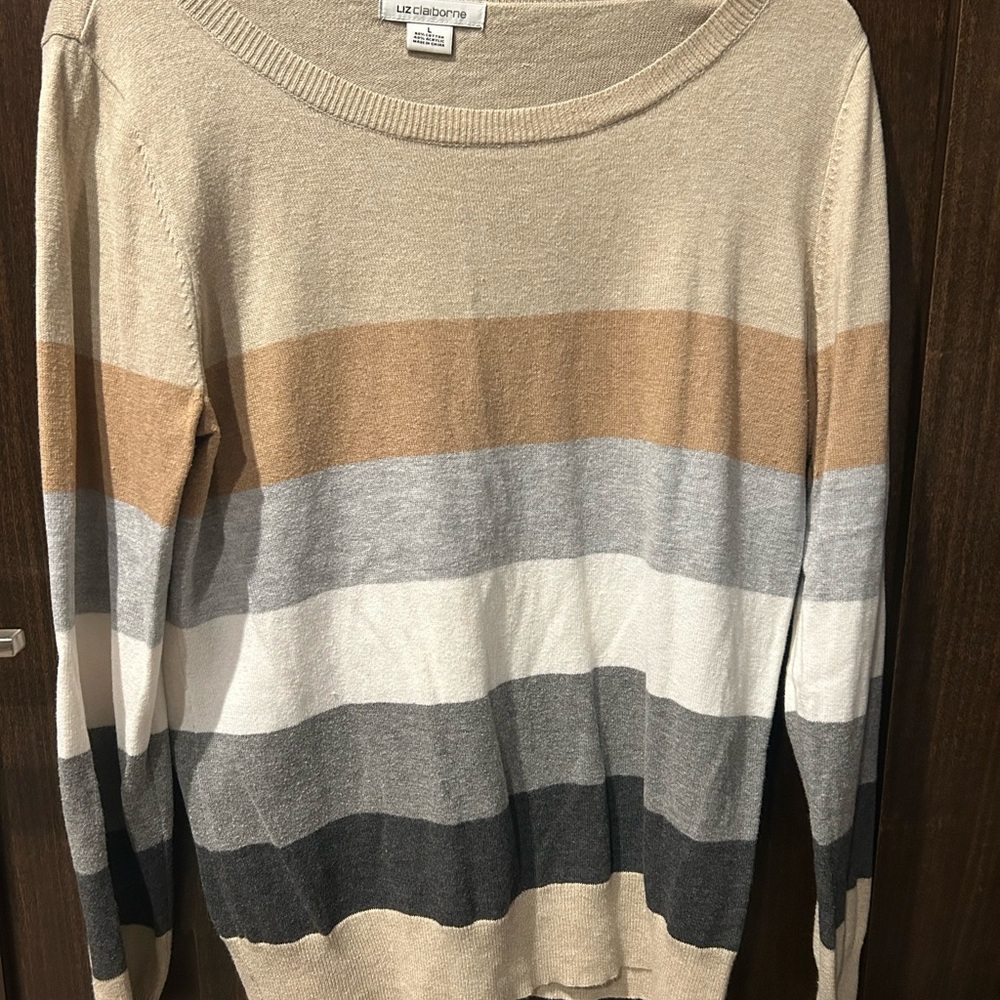 Liz Claiborne Striped Sweater - Tan, Gray, White